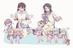  6+girls aged_down apron ave_mujica_(bang_dream!) bang_dream! bang_dream!_it&#039;s_mygo!!!!! blonde_hair blue_hair blue_shirt brown_eyes brown_hair cat_hair_ornament cellphone chihaya_anon chinese_commentary commentary_request criangle_k. disgust drum fang grabbing_another&#039;s_arm green_hair grey_eyes grey_hair hair_ornament hair_ribbon highres holding holding_phone instrument kaname_raana long_hair long_sleeves medium_hair misumi_uika mortis_(bang_dream!) mortis_(costume)_(bang_dream!) multiple_girls mygo!!!!!_(bang_dream!) nagasaki_soyo open_mouth phone pink_hair pink_shirt puff_of_air purple_eyes purple_hair raana_the_cat ribbon rock shiina_taki shirt short_hair sidelocks sleeping smartphone stuffed_animal stuffed_cat stuffed_toy sweatdrop takamatsu_tomori teeth time_paradox togawa_sakiko trembling upper_teeth_only wakaba_mutsumi wakaba_mutsumi_(doll) white_apron white_hair white_shirt yahata_umiri yellow_eyes yuutenji_nyamu 