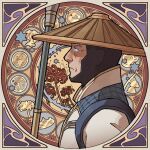  1boy ajirogasa art_nouveau blue_eyes border closed_mouth flower from_side glowing glowing_eyes hat lightning lightning_elemental logo looking_ahead male_focus mortal_kombat_(series) mortal_kombat_11 polearm profile raiden_(mortal_kombat) red_flower solo spider_lily staff star_(symbol) upper_body weapon wenny02 