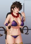  1boy 1girl bangs bead_necklace beads bikini black_hair blush breasts bridal_gauntlets brown_hair cowboy_shot earrings fate/grand_order fate_(series) fujimaru_ritsuka_(male) gonoike_biwa hair_between_eyes hair_rings highres hoop_earrings jewelry large_breasts long_hair looking_up navel necklace open_mouth prayer_beads purple_bikini purple_eyes solo_focus swimsuit torso_grab upper_teeth very_long_hair wrist_grab xuangzang_sanzang_(fate) 