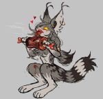 anthro black_body black_fur blood bodily_fluids ear_piercing ear_ring eating felid feline food fur grey_background grey_body grey_fur hair heart_symbol holding_food holding_meat holding_object male mammal meat meat_on_bone notched_ear piercing ponytail red_eyes ring_piercing simple_background sitting solo worm_(artist)