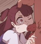  1boy 1girl anger_vein clothed_female_nude_male deepthroat eyebrows eyebrows_visible_through_hair fellatio hand_on_another&#039;s_head highres irrumatio kagari_atsuko little_witch_academia long_hair nns_(sobchan) nude oral penis surprised tearing_up tears 