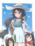  4girls :d :t absurdres aina_(mao_lian) animal_ear_fluff animal_ears bag black_choker blue_eyes blue_flower blue_sky brown_hair carrot cat_ears cat_tail child child_carry choker closed_mouth day ears_through_headwear fish flower hair_ornament hair_scrunchie hand_on_head hat hat_flower highres long_hair mao_lian_(nekokao) mother_and_daughter multiple_girls open_mouth original pregnant purple_flower scrunchie shoulder_bag sky smile spring_onion sun_hat tail triplets very_long_hair 