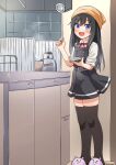  1girl asashio_(kancolle) bandana black_hair black_legwear blue_eyes comiching commentary_request dress highres kantai_collection kettle kitchen ladle long_hair long_sleeves pinafore_dress pot remodel_(kantai_collection) saucer shirt sleeves_rolled_up slippers smile solo standing thighhighs tile_wall tiles white_shirt 