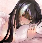  1girl bangs black_hair blush breasts commission girls&#039;_frontline heterochromia highres jewelry kojima_(blue_stardust) long_hair looking_at_viewer lying multicolored_hair on_side parted_lips pillow red_eyes ring ro635_(girls&#039;_frontline) shirt skeb_commission solo streaked_hair upper_body wedding_band white_hair white_shirt yellow_eyes 