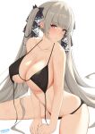  1girl absurdly_long_hair alternate_costume artist_name azur_lane bikini black_bikini black_ribbon blush breasts cleavage dated eyebrows_visible_through_hair formidable_(azur_lane) hair_ribbon highres huge_breasts long_hair platinum_blonde_hair red_eyes ribbon simple_background solo swimsuit twintails two-tone_ribbon untied untied_bikini very_long_hair white_background white_ribbon wild_card 