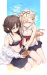  2girls absurdres ahoge bikini black_bikini black_ribbon black_sarong blue_eyes braid breasts closed_eyes food gradient_hair hair_between_eyes hair_flaps hair_ornament hair_over_shoulder hair_ribbon hairclip highres kantai_collection long_hair medium_breasts miyayoki multicolored_hair multiple_girls navel official_alternate_costume pink_hair ribbon sailor_bikini sailor_collar sarong scarf shigure_(kancolle) shigure_kai_ni_(kancolle) shigure_kai_ni_(swimsuit)_(kancolle) single_braid smile swimsuit takoyaki very_long_hair white_scarf yuudachi_(kancolle) yuudachi_kai_ni_(kancolle) yuudachi_kai_ni_(swimsuit)_(kancolle) 