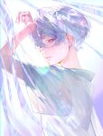  1boy absurdres bishounen blue_eyes blue_hair closed_mouth curtains highres huge_filesize light_blue_hair light_particles looking_at_viewer male_focus nea_(nongta2002) original solo transparent upper_body water_drop 
