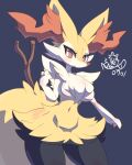  1girl absurdres animal_ear_fluff animal_ears blue_background blush braixen breasts bright_pupils contrapposto cowboy_shot dated fox_ears fox_tail furry furry_female gen_6_pokemon hand_up highres light_frown looking_at_viewer medium_breasts navel no_humans outstretched_arm pokemon red_eyes red_nose shiongaze signature simple_background solo stick symbol-only_commentary tail thick_thighs thighs tsurime 