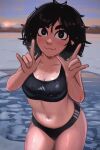  1girl \m/ absurdres adidas biting_own_lip black_eyes black_hair blush body_freckles breasts breath cleavage cold double_\m/ evening freckles frozen_lake highres ice lake looking_at_viewer messy_hair navel on_ice open_mouth original outdoors sky smile snow solo sports_bra standing stomach sunset swimsuit thick_thighs thighs v_arms veyonis water wet wet_hair winter yuna_(veyonis) 