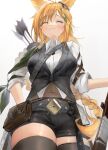  1girl :3 absurdres animal_ears arknights arrow_(projectile) bangs belt belt_pouch black_legwear black_shorts black_skirt black_vest blonde_hair bow braid closed_eyes closed_mouth collared_shirt commentary_request cowboy_shot dated from_below green_hair highres kaguura_(kagu) kroos_(arknights) long_hair miniskirt multicolored_hair navel official_alternate_costume pouch quiver rabbit_ears shirt short_sleeves shorts simple_background single_braid skirt smile solo thighhighs two-tone_hair very_long_hair vest waist_cape white_background white_shirt zettai_ryouiki 
