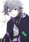  1boy :p absurdres bangs black_jacket black_shirt blush character_name closed_mouth eyebrows_visible_through_hair fuwa_minato grey_hair hair_between_eyes highres jacket looking_at_viewer male_focus multicolored_hair nijisanji ogura_tubuan open_clothes open_jacket purple_eyes red_hair shirt simple_background smile solo streaked_hair tongue tongue_out upper_body virtual_youtuber white_background 