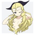  1girl ;o assam_(girls_und_panzer) black_ribbon blonde_hair blue_eyes breasts commentary completely_nude cropped_torso girls_und_panzer grey_background hair_censor hair_pulled_back hair_ribbon hands_in_hair highres ichinose_jun long_hair looking_at_viewer medium_breasts nude one_eye_closed open_mouth ribbon simple_background smile solo 