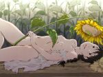  1girl between_legs black_eyes black_hair blush braid breasts censored dress exhibitionism female_pubic_hair field flower flower_field highres holding holding_flower knee_up looking_at_viewer lying monodevil mosaic_censoring navel on_ground open_clothes open_dress original parted_lips pubic_hair public_nudity ribs small_breasts smile solo sundress sunflower twin_braids white_dress 