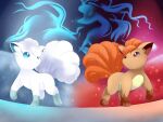  alolan_form alolan_vulpix blue_background brown_fur commentary_request dual_persona fire full_body gen_1_pokemon gen_7_pokemon gradient gradient_background highres ice multiple_tails ninetales no_humans pokemon pokemon_(creature) red_background side-by-side silhouette tail vulpix white_fur yomitrooper 