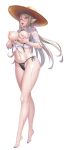  1girl barefoot bikini black_bikini black_nails breasts breasts_out chevalier_(taimanin) commentary_request front-tie_top hat highres large_breasts long_hair looking_at_viewer navel nipples nobushito official_art open_mouth pointy_ears red_eyes second-party_source shirt side-tie_bikini_bottom sun_hat swimsuit taimanin_(series) taimanin_rpgx tongue tongue_out untied_bikini_top wet wet_clothes wet_shirt white_background white_hair white_shirt 