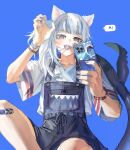  1girl a animal_ears animal_print bandaid bandaid_on_knee bandaid_on_leg bloop_(gawr_gura) blue_background blue_eyes blue_hair blue_nails blue_ribbon bracelet candy cat_ears collarbone eyelashes fingernails fish_print fish_tail food food_in_mouth gawr_gura grey_hair highres holding holding_phone hololive hololive_english jewelry light_blue_hair light_blush lollipop long_hair long_sleeves mouth_hold multicolored multicolored_hair overall_skirt phone quasarcake ribbon selfie shark_tail sharp_teeth simple_background solo speech_bubble sticker stitches streaked_hair striped tail teeth upper_teeth virtual_youtuber wide_sleeves 