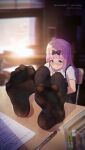  1girl 3: absurdres black_bow black_pantyhose blue_eyes blunt_bangs blurry blurry_background blurry_foreground blush book bow chair closed_mouth commentary_request depth_of_field dirty dirty_feet english_text feet feet_on_table fine_fabric_emphasis foreshortening fujiwara_chika hair_bow highres icecake indoors kaguya-sama_wa_kokurasetai_~tensai-tachi_no_renai_zunousen~ long_hair looking_at_viewer no_shoes pantyhose paper pen photoshop_(medium) pink_hair school_chair school_uniform short_sleeves shuuchiin_academy_school_uniform sitting soles solo spread_toes toe_seam toes 