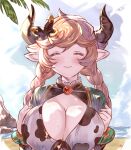  1girl animal_print arutoria_(187497382) beach blonde_hair blush breasts brooch carmelina_(granblue_fantasy) cleavage cleavage_cutout closed_eyes clothing_cutout cow_print draph granblue_fantasy highres horns jewelry large_breasts long_hair ocean pointy_ears smile solo sweat upper_body 