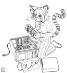 5_fingers ambiguous_gender anthro biped bodily_fluids bottomwear box cable chimeracauldron claws clothing collared_shirt computer container electrical_plug electronics fan_(object) felid fingers hi_res holding_object inner_ear_fluff kneeling looking_at_computer looking_at_object mammal markings monochrome motherboard necktie nervous pants pattern_bottomwear pattern_clothing pattern_pants power_cable screwdriver shirt simple_background solo striped_bottomwear striped_clothing striped_markings striped_pants striped_tail stripes sweat sweatdrop syringe tail tail_markings tools topwear tuft white_background