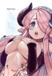  1girl black_gloves blue_eyes braid breasts covering covering_breasts draph elbow_gloves gloves granblue_fantasy hair_over_one_eye highres horns large_breasts light_purple_hair long_hair low_tied_hair narmaya_(granblue_fantasy) open_clothes open_mouth purple_hair sho-n-d single_braid sleeveless solo white_background 
