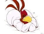 2023 anthro avian avian_caruncle beak bedding bird brown_tail_feathers chicken comb_(anatomy) crossed_arms english_description feathers foghorn_leghorn footfoxxy front_view galliform gallus_(genus) half-closed_eyes head_crest heart_symbol hi_res leghorn_chicken looney_tunes lying male mouth_closed muscular muscular_arms narrowed_eyes on_front phasianid simple_background smile solo tail tail_feathers warner_brothers white_background white_body white_feathers
