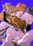  1boy 1girl bite_mark blood blood_on_face blue_background blue_eyes brown_eyes detached_sleeves fingerless_gloves g0nyag genderswap genderswap_(ftm) genderswap_(mtf) gintama gintama_movie_2:_yorozuya_yo_eien_nare gloves grabbing_another&#039;s_hair hakama hakama_pants highres injury japanese_clothes kagura_(gintama) looking_at_viewer okita_sougo orange_hair pants ponytail pulling_another&#039;s_clothes sheath short_hair umbrella 