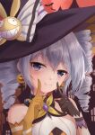  1girl absurdres asymmetrical_gloves bangs bat black_gloves bronya_zaychik bronya_zaychik_(snowy_sniper) closed_mouth drill_hair earrings elbow_gloves gloves grey_eyes grey_hair hair_between_eyes halloween halloween_costume hand_on_own_face hat highres homu_(honkai_impact) honkai_(series) honkai_impact_3rd index_finger_raised jewelry looking_at_viewer mismatched_gloves outdoors red_sky sky smile solo twin_drills witch_hat yelan_xing_xuan yellow_gloves 