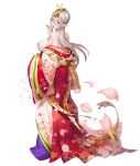  1girl breasts breasts_out cherry_blossoms chevalier_(taimanin) falling_petals full_body highres japanese_clothes kimono large_breasts looking_at_viewer looking_back nipples nobushito off_shoulder official_art petals pointy_ears red_eyes second-party_source taimanin_(series) taimanin_rpgx white_background white_hair 