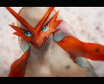  blaziken blue_eyes closed_mouth colored_sclera commentary_request gen_3_pokemon highres kikuyoshi_(tracco) letterboxed looking_at_viewer pokemon pokemon_(creature) signature solo upper_body yellow_sclera 