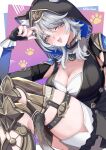  1girl absurdres animal_ears animal_hood armored_boots black_gloves blue_eyes boots breasts cat_ears cat_girl cat_hood cat_tail cipher_(honkai:_star_rail) cleavage commentary_request fingerless_gloves gloves gold_boots grey_hair highres honkai:_star_rail honkai_(series) hood mole mole_on_breast open_mouth paw_print paw_print_background short_hair_with_long_locks shorts solo tail tefutefufu thighs twitter_username white_shorts 