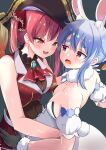  2girls absurdres animal_ear_fluff animal_ears bare_shoulders bicorne blue_hair breasts cleavage covered_navel dragon_star2 hat heart heart-shaped_pupils highres hololive houshou_marine hug multiple_girls open_mouth pirate pirate_hat rabbit_ears red_hair sideways_glance symbol-shaped_pupils twintails usada_pekora virtual_youtuber 