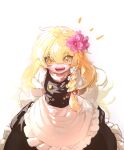  1girl apron arms_behind_back black_skirt black_vest blonde_hair braid choushi_bukkoki_maru commentary_request fangs flower hair_between_eyes hair_flower hair_ornament hair_ribbon kirisame_marisa long_hair looking_at_viewer no_hat no_headwear open_mouth red_ribbon ribbon shirt single_braid skirt smile solo touhou vest waist_apron white_background white_shirt yellow_eyes 