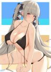  1girl absurdly_long_hair alternate_costume artist_name azur_lane bikini black_bikini black_ribbon blush breasts cleavage dated eyebrows_visible_through_hair formidable_(azur_lane) hair_ribbon highres huge_breasts long_hair multicolored multicolored_background platinum_blonde_hair red_eyes ribbon solo swimsuit twintails two-tone_ribbon untied untied_bikini very_long_hair white_ribbon wild_card 