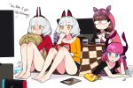  4girls black_shirt black_shorts blue_eyes blush brown_hair carmilla_(fate) carmilla_alter_(monkey_jon)_(fate) chips_(food) closed_mouth commentary cover crying crying_with_eyes_open cup doritos drawing_tablet dvd_cover eating elizabeth_bathory_(fate) english_commentary english_text fate/grand_order fate_(series) flustered food glasses grape_juice hair_ornament highres hugging_object juice knees_up long_hair monkey_jon multiple_girls musical_note musical_note_print nintendo_switch no_mouth no_pupils original phantom_maiden_(fate) pink_hair potato_chips red_shirt shirt short_hair shorts simple_background sweatdrop tears the_iron_giant tissue tissue_box twintails used_tissue white_background white_hair yellow_eyes yellow_shirt 
