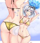  1girl absurdres amagi_(amagi626) armpits arms_up ass ball bare_shoulders beachball bikini black_hairband black_ribbon breasts collarbone grey_eyes hair_ribbon hairband highres konpaku_youmu konpaku_youmu_(ghost) looking_at_viewer medium_breasts multiple_views navel open_mouth ribbon short_hair silver_hair smile stomach swimsuit touhou yellow_bikini 