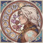  1boy art_nouveau blue_background blue_eyes blue_vest border braid braided_ponytail closed_mouth flower from_side fujin_(mortal_kombat) glowing glowing_eyes glowing_tattoo grey_hair logo long_hair looking_ahead male_focus mortal_kombat_(series) mortal_kombat_11 ornate_border portrait profile purple_flower red_flower shoulder_tattoo single_braid sleeveless sleeveless_jacket smile solo star_(symbol) tattoo upper_body vest wenny02 white_border white_hair 