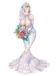  1girl bouquet center_opening chevalier_(taimanin) commentary_request dress elbow_gloves flower full_body gloves hair_flower hair_ornament highres hobble_dress long_dress looking_at_viewer nobushito official_art pointy_ears red_eyes second-party_source see-through_clothes see-through_dress solo taimanin_(series) taimanin_rpgx white_background white_gloves white_hair 