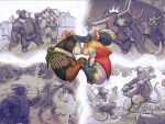 anthro armor bard boots cape clothing concoction_(artist) cuddling dancing duo footwear gloves hand_holding handwear hat_feather headgear headwear hi_res loose_feather lute male male/male mammal melee_weapon mouse multiple_scenes murid murine musical_instrument playing_lute plucked_string_instrument rodent romantic romantic_couple serenade shoes smile string_instrument sword warrior weapon