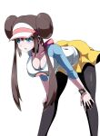  1girl black_legwear blue_eyes breasts brown_hair cleavage commentary double_bun highres large_breasts long_hair open_mouth pantyhose pokemon pokemon_(game) pokemon_bw2 raglan_sleeves rosa_(pokemon) shimure_(460) shorts simple_background solo twintails visor_cap white_background yellow_shorts 