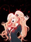  1girl 6+others :d bangs bear_hair_ornament black_background black_bra black_choker black_neckwear bong_(0u0bon) bow bra breasts choker cleavage danganronpa:_trigger_happy_havoc danganronpa_(series) enoshima_junko glowing glowing_eyes grey_eyes hair_ornament highres large_breasts long_arms long_hair looking_at_viewer multiple_others nail_polish necktie open_mouth red_background red_bow red_bra smile solo_focus spot_color twintails underwear upper_body upper_teeth white_neckwear 