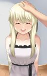  1girl :d ^_^ absurdres arms_behind_back bandaged_arm bandages bangs bare_shoulders blonde_hair blush closed_eyes dress english_commentary eyebrows_visible_through_hair floor halter_dress halterneck happy headpat highres long_hair open_mouth original pov pov_hands shiny shiny_hair smile solo_focus teeth valdius44 wall watermark white_dress 