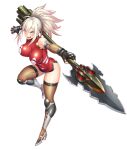  1girl ahoge black_gloves breasts commentary_request fingerless_gloves fishnet_sleeves fishnet_thighhighs fishnets full_body furrowed_brow gloves highres holding holding_polearm holding_weapon leotard looking_at_viewer nobushito official_art open_mouth polearm ponytail red_leotard sanada_honoo second-party_source sidelocks smile solo standing standing_on_one_leg taimanin_(series) taimanin_rpgx teeth thighhighs weapon white_background white_hair yellow_eyes 