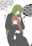  1boy 1girl armband black_jacket black_suit blush brown_armband brown_hair censored censored_text closed_eyes cowboy_shot expressionless green_armband hand_on_another&#039;s_head heart hetero highres hod_(project_moon) jacket lobotomy_corporation netzach_(project_moon) nhentai ori_oriio project_moon simple_background smile speech_bubble suit tag thought_bubble white_background 