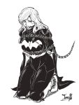  1girl arms_behind_back ball_gag batgirl batman_(series) belt bound breasts cape captured chain chained gag gagged kneeling large_breasts long_hair monochrome signature solo superhero tare-katsu torn_clothes white_background 