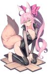  1girl absurdres animal_ear_fluff animal_ears barefoot black_bodysuit blush bodysuit breasts center_opening cleavage closed_mouth collarbone elbow_gloves fate/grand_order fate_(series) fox_ears fox_girl fox_tail gloves highres kneeling konishi_(565112307) koyanskaya_(fate) large_breasts long_hair looking_at_viewer pink_hair ponytail side_ponytail simple_background solo tail tamamo_(fate) tongue very_long_hair white_background yellow_eyes 