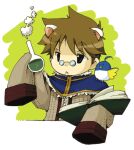  1boy :&lt; alchemist_(ragnarok_online) animal_ears animal_on_shoulder bangs bird bird_on_shoulder black_eyes blue_cape book brown_coat brown_hair cape closed_mouth coat eyebrows_visible_through_hair filir_(ragnarok_online) flask holding holding_book kano_(coyotehunt) lowres male_focus pince-nez potion ragnarok_online round-bottom_flask short_hair sleeves_past_fingers sleeves_past_wrists upper_body white_background 