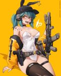  1girl absurdres animal_ears aria_(jestami) artist_name assault_rifle baseball_cap black_thighhighs blush breasts clothes_writing commentary ear_protection english_commentary fake_animal_ears green_hair gun hat hat_with_ears highres holding holding_gun holding_weapon holster holstered jacket jestami leotard magazine_(weapon) microphone off_shoulder open_clothes open_jacket open_mouth orange_eyes original playboy_bunny ponytail rifle sig_mcx sig_sauer simple_background single_thighhigh skindentation solo tailcoat_playboy_bunny teeth thigh_strap thighhighs tongue upper_teeth_only weapon white_jacket white_leotard yellow_background 
