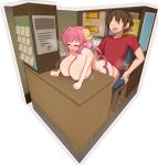 1boy 1girl aida_taketo bent_over blush bottomless breasts breath brown_hair chair closed_eyes clothed_male_nude_female clothed_sex commentary completely_nude counter dragon_girl dragon_horns faceless faceless_male fixed-point_camera furrowed_brow hetero highres horns huge_breasts ilulu_(maidragon) kobayashi-san_chi_no_maidragon kulettula motion_lines nude oppai_loli paid_reward_available pink_hair pointy_ears purple_hair red_shirt sex sex_from_behind shirt short_hair short_hair_with_long_locks short_sleeves sitting standing standing_sex sweat sweatdrop t-shirt yellow_horns 