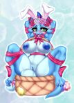  anthro areola azula_caelum_(valdusaetherius) basket bdsm big_breasts blue_areola blue_body blue_horn blue_nipples blue_pussy blush bodily_fluids bondage bound bow_ribbon breasts butt clothing container digital_media_(artwork) drooling easter easter_egg egg egg_basket fake_ears fake_rabbit_ears female flower flower_crown genitals green_eyes hi_res holidays horn kobold looking_at_viewer nipples nude plant pussy reptile ribbons saliva scalie shasya simple_background sitting smile solo tail thick_thighs tongue tongue_out 