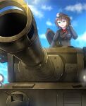  1girl bangs black_headwear black_jacket blue_sky brown_eyes brown_hair cloud cloudy_sky commentary day diffraction_spikes dress_shirt foreshortening garrison_cap girls_und_panzer ground_vehicle hand_in_hair hat highres jacket kuromorimine_military_uniform long_sleeves military military_hat military_uniform military_vehicle motor_vehicle nishizumi_maho nyx_(mebius_no_wa) open_mouth outdoors red_shirt shirt short_hair sky solo tank tiger_i uniform wing_collar 